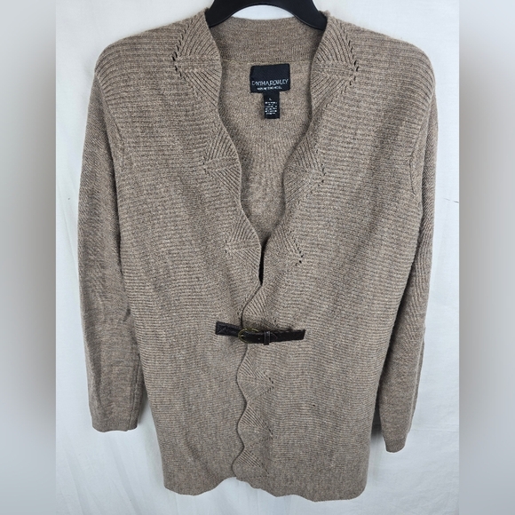 Cynthia Rowley Elegant Tan Women's Merino Wool Cardigan Sweater with Buckle Sz L - Picture 8 of 14